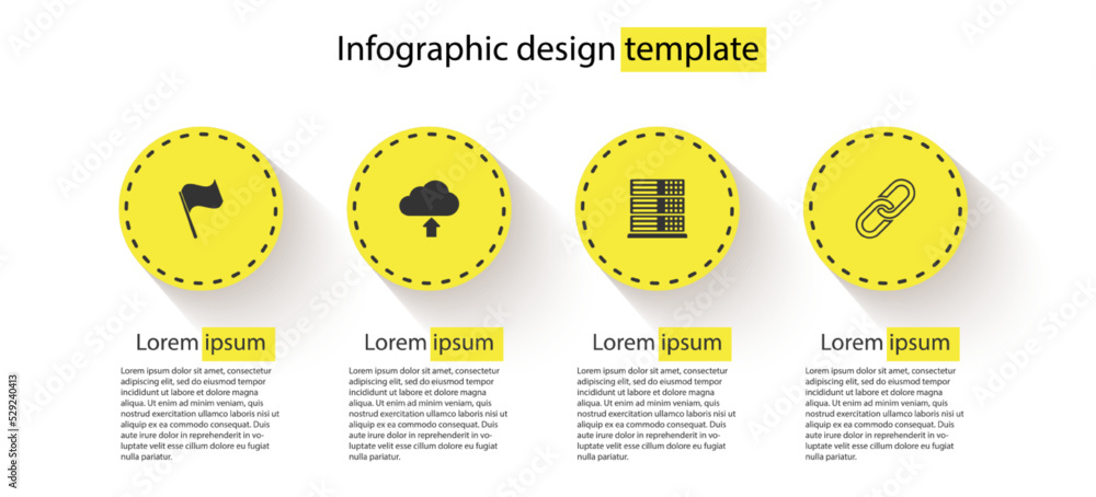 Poster set flag, cloud upload, server, data, web hosting and chain link. business infographic template. vec