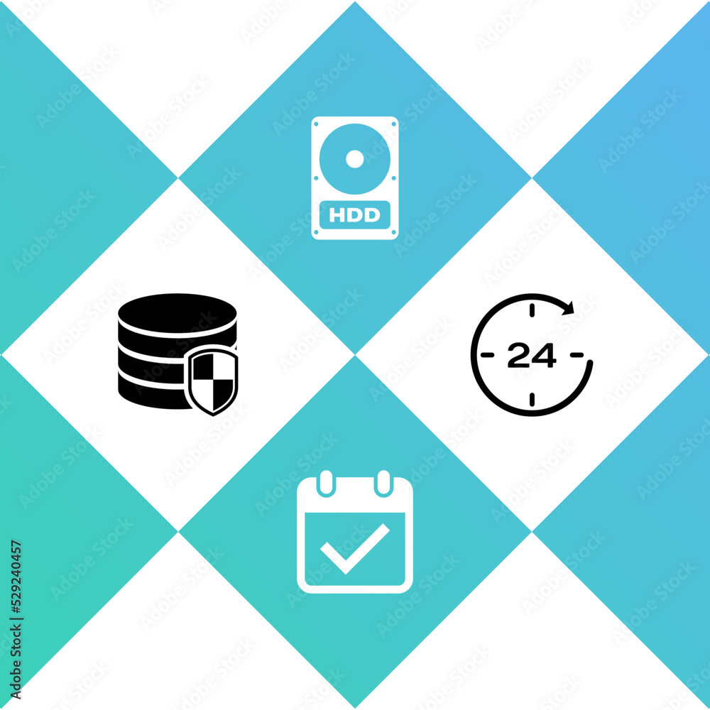 Poster set database protection, calendar with check mark, hard disk drive hdd and clock 24 hours icon. vect