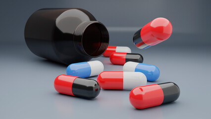medical pills blue and white,red and black,red and white,3d rendering