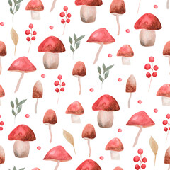 seamless pattern with mushrooms.  Autumn pattern with mushrooms.  Watercolor mushrooms autumn