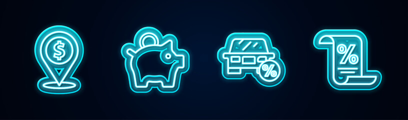 Set line Cash location, Piggy bank, Car leasing percent and Finance document. Glowing neon icon. Vector