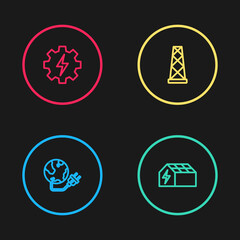Set line Global energy power planet, Solar panel, Antenna and Gear and lightning icon. Vector