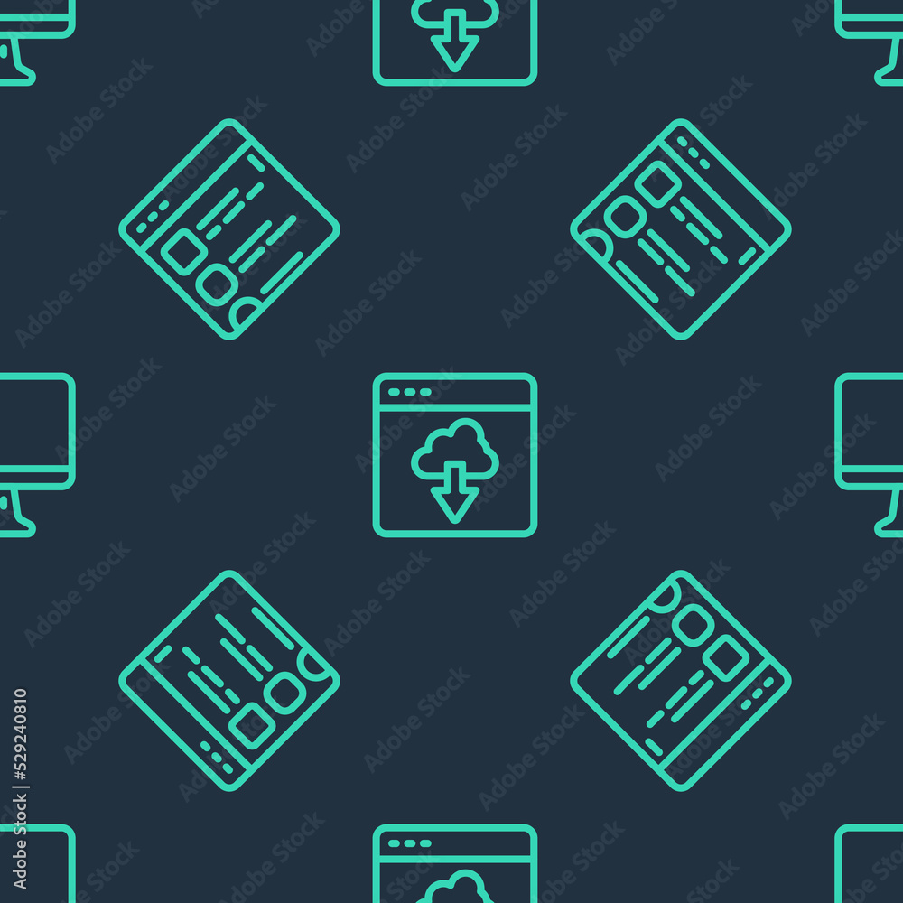Poster set line cloud technology data transfer, browser files and computer monitor screen on seamless patte