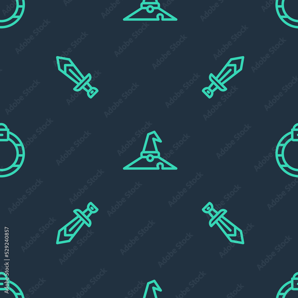Poster set line witch hat, sword for game and magic stone ring on seamless pattern. vector