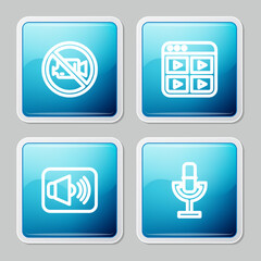 Set line Prohibition no video recording, Music playlist, Speaker volume and Microphone icon. Vector