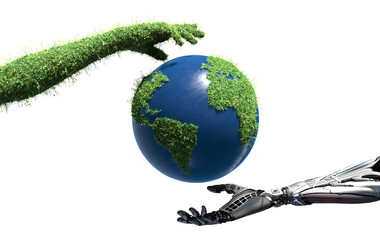 Hi Tech Mechanical Robot and Nature covered with flowers and grass two arms hovering Earth Globe as Save Water Green Technology conceptual design on transparent background - 529240833
