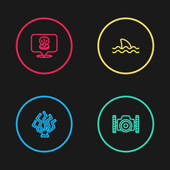 Set line Coral, Photo camera for diver, Shark and Scallop sea shell icon. Vector