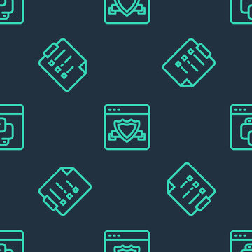 Set line Browser with shield, Clipboard checklist and Python programming language on seamless pattern. Vector