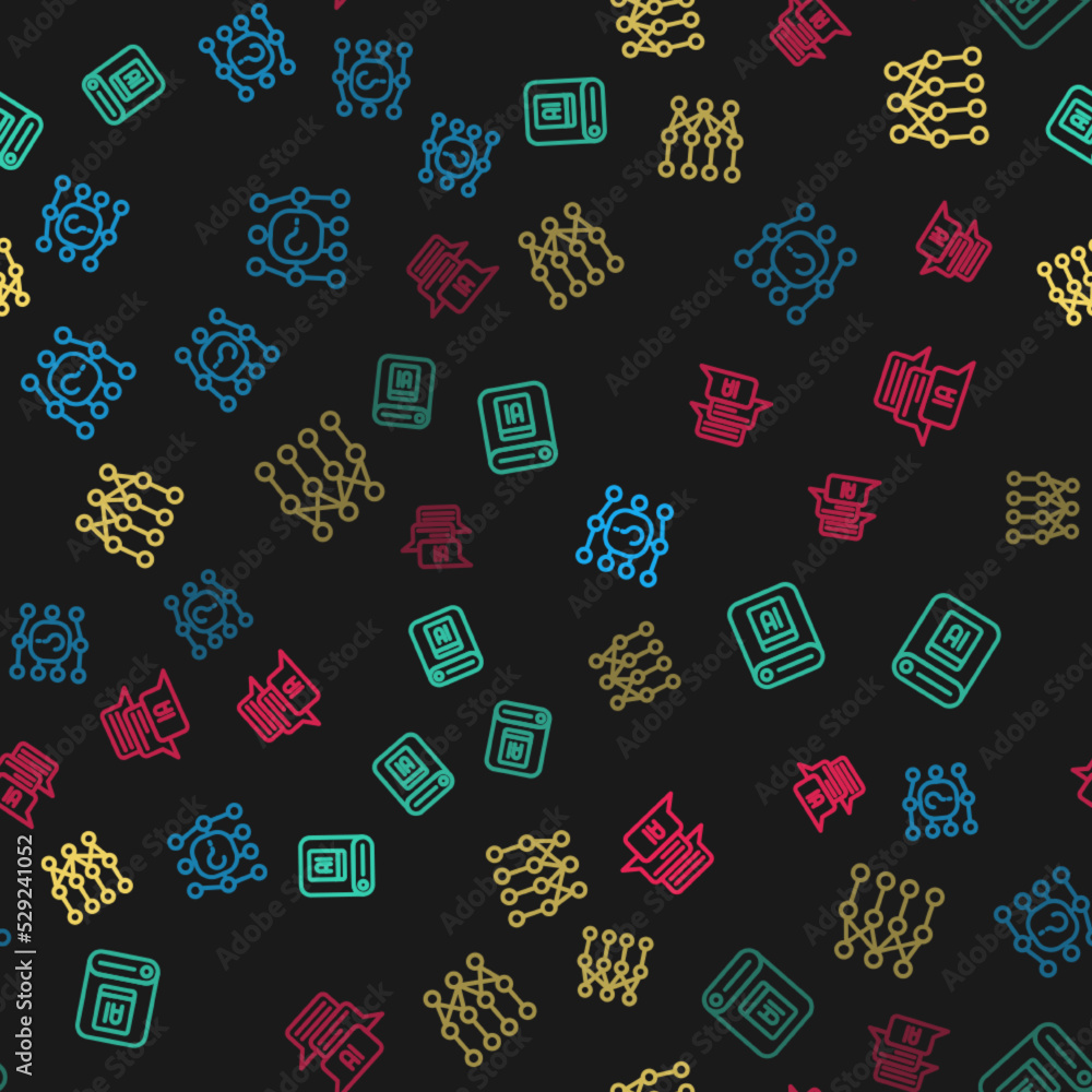 Poster set line neural network, artificial intelligence ai, and chat bot on seamless pattern. vector