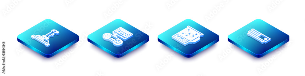 Poster set isometric line joystick for arcade machine, game console with joystick, slot and video game icon