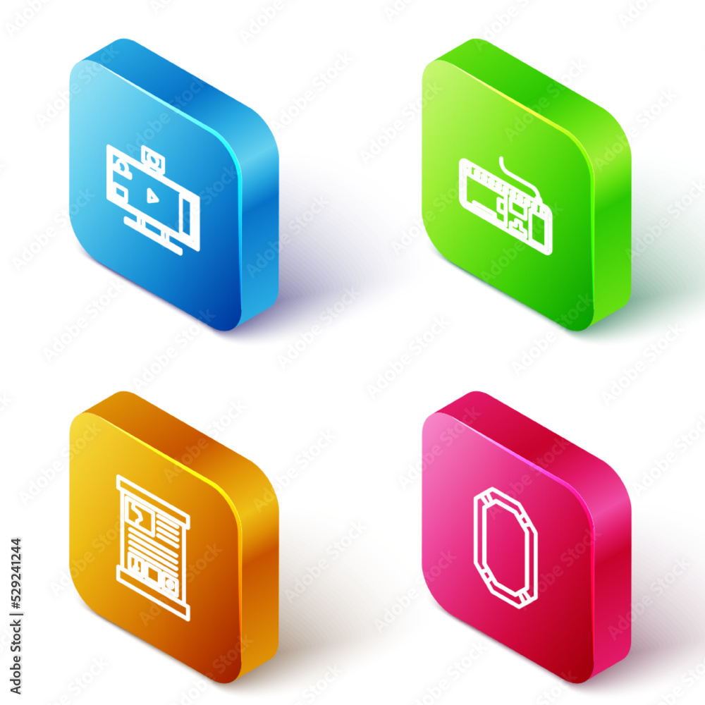 Poster set isometric line live streaming online, computer keyboard, game guide and poker table icon. vector