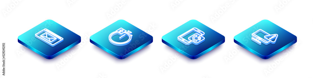 Poster set isometric line mail and e-mail, stopwatch, mobile phone call and monitor with exclamation mark i