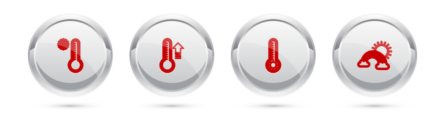 Set line Meteorology thermometer, , and Rainbow with clouds and sun. Silver circle button. Vector