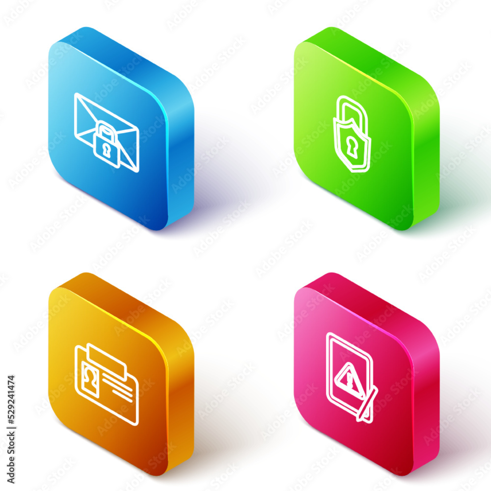 Poster set isometric line mail message lock password, lock, identification badge and tablet with exclamatio