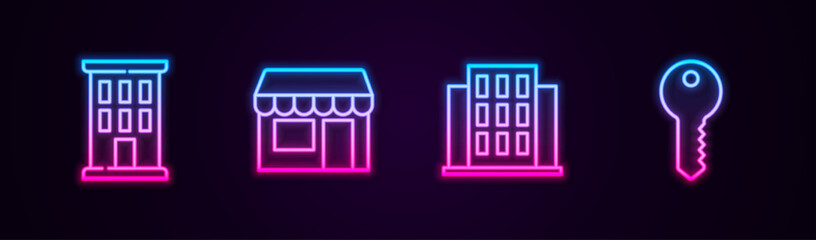Set line House, Market store, and key. Glowing neon icon. Vector