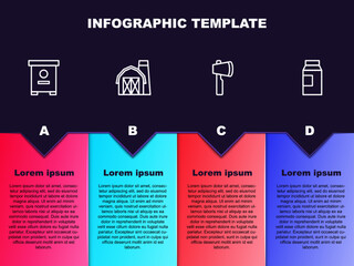 Set line Hive for bees, Farm house, Wooden axe and Paper package milk. Business infographic template. Vector