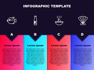 Set line Puffer fish, Sauce bottle, Shark fin soup and Scallop sea shell. Business infographic template. Vector