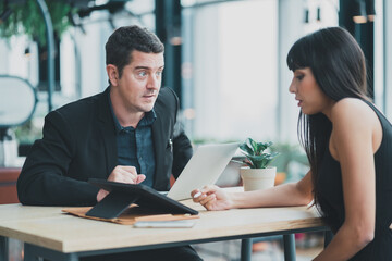 Fototapeta premium Formal women executives, men's workplace happiness group, office meeting organizers.Colleagues communicate confidence meetings and company cooperation discussions