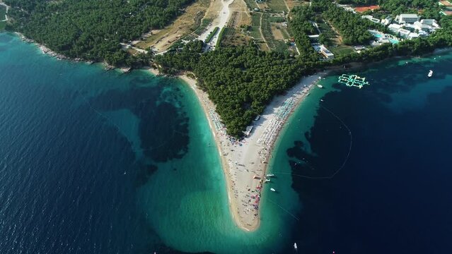 Aerial view of Golden Horn beach on Zlatni Rat in Bol on the island of Brac, Croatia.