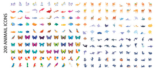 Fototapeta na wymiar 200 animal icons set. Cartoon illustration of 100 animal icons vector set isolated on white background