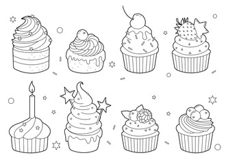 Set of eight outline cupcakes with cream and strawberry. Black and white illustration for kids coloring book, design elements