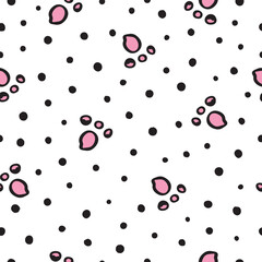 Cute drawing paw and small polka dot repeat pattern. Vector illustration. Pattern for print, scrapbooking, wallpaper, textile, fashion, packaging, wrapping paper.