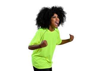woman cheering for her team, celebrating, transparent background