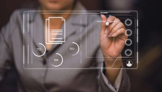 Business woman writing screen in smart and modern work - Powered by Adobe