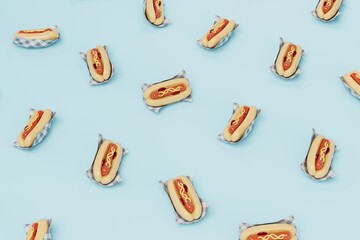 abstract background consisting of patterns of hot dogs on a blue background. 3d render