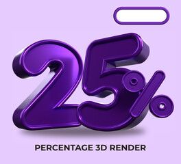 3D Render percentage number 25% for discount process progress purple color