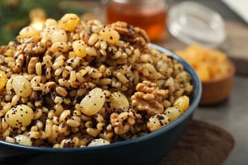 Traditional Christmas slavic dish kutia in bowl, closeup
