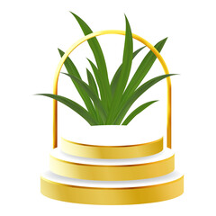 White and Gold 3D Podium with Tropical Leaf and Golden Arch Perfect for Product Display, Layout, and Showcase
