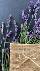 lavender on a gray background in a burlap bag