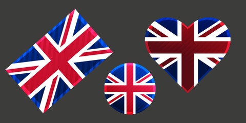 Three buttons in the form of the flag of England. Vector custom design England flag template. Three British flags are circular, heart and rectangular.