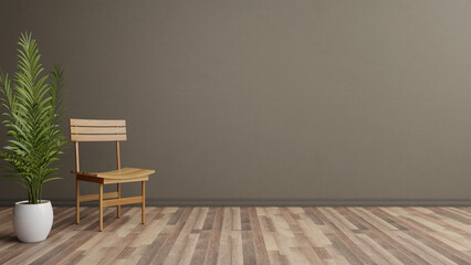 A Wooden Chair On A Spacious Area With Plant On The Side, Parquet Floor A Smooth Texture Wall 3D Render