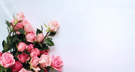 Bouquet of pink roses on a white background. Festive flower arrangement. Background for a greeting card.