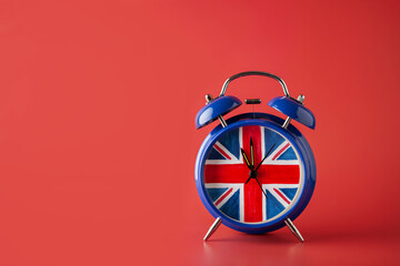 Alarm clock with the UK flag on a red background. Concept time for change. Copy space.