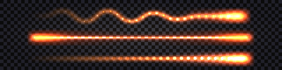 Glowing laser beam, fiery light effect. Electric thunder bolt, fire wave swirl and  ray line, flash shock and trails, sparkls, impulse glow.Isolated transparent design element, vector illustration © Amarylle