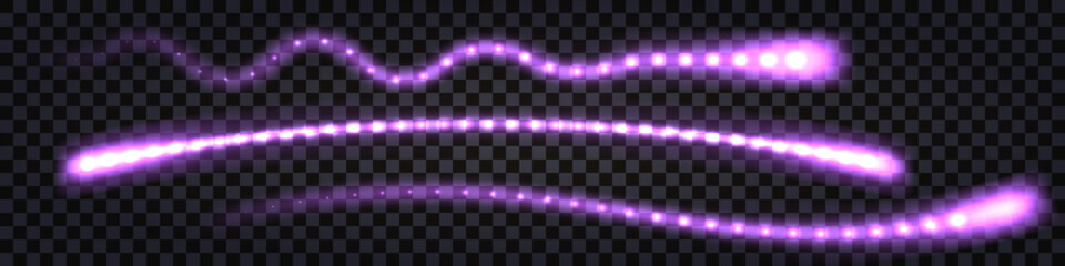 Purple neon wave swirl, laser beam, glowing light trail. Electric thunder bolt, dynamic impulse, flash shock and sparks. Isolated transparent design elements, vector illustration