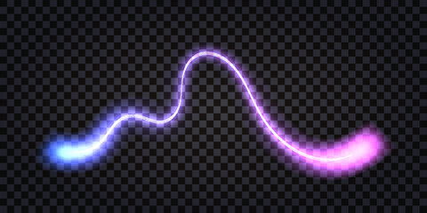 Neon laser wave swirl, glowing light effect, blue and purple trail. Shiny electric thunder bolt, flash shock.  Cyber futuristic synthwave, abstract transparent twirl isolated. Vector illustration