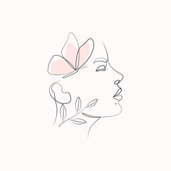 Beauty woman and butterfly organic leaves line art natural girl beauty face drawing flat vector 
