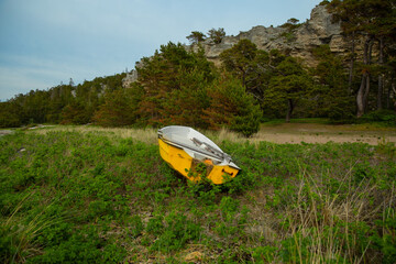 
abandoned yellow fishing boat 
