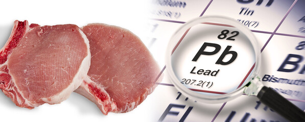 Lead pollution in pork - concept with the Mendeleev periodic table and fresh pork steak HACCP...