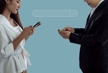 Business people using smartphone searching information from internet, isolated on light blue background. - 529251018