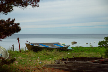 a lonely wooden fishing boat on the coast among the branches of trees - 529251079