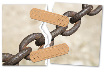 Repair the bond - concept with a ripped photo of an old rusty metal chain linked with adhesive...