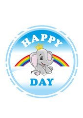 Smiling baby elephant sitting on a rainbow
