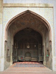 LAHORE, PAKISTAN, JULY 05, 2018: beautiful arch entrance view of wazir khan mosque,  masjid