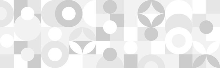 Obraz premium Trendy vector abstract geometric background with circles in Scandinavian retro style, seamless cover. Graphic pattern of simple shapes in gray tones, abstract white mosaic.