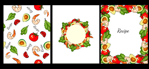 Mediterranean kitchen set with seamless texture, rectangular and round frame copy space. Tomatoes, olives, avocado, arugula for proper nutrition, healthy food background, vector, hand drawing, print 